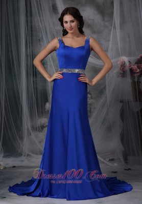 Straps Beaded Royal Blue Prom Evening Dress Court Train