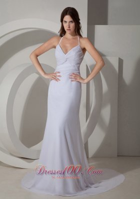 White Halter Prom Evening Dress Chiffon Court Train