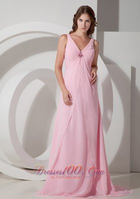 Baby Pink V-neck Prom Dress Beading Chiffon Brush