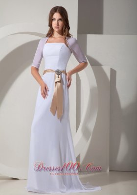 Beaded Sashes Square Sleeves Prom Dress Chiffon Brush