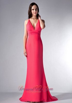 Coral Red V-neck Bridesmaid Dress Brush Train Chiffon