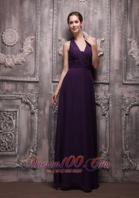 Dark Purple Halter Chiffon Ruch Prom Evening Dress