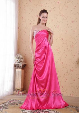 Beaded Ruch Hot Pink Prom Celebrity Dress Train