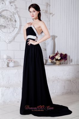 Black and White Prom Evening Dress Beading Train