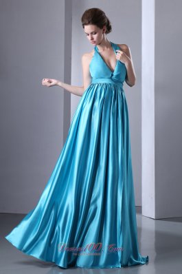 Pleated High Slit Teal Halter Prom Evening Dress