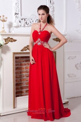 Beaded Red Halter Prom Evening Dress Chiffon Train