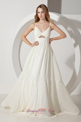 White Straps Prom Evening Dress Chiffon Brush Train