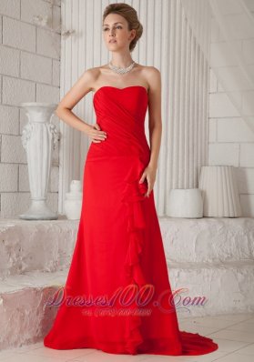 Ruched Red Prom Evening Dress Chiffon Court Train