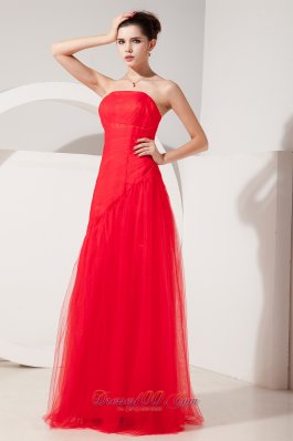 Ruched Tulle Red Prom Evening Dress Column Strapless