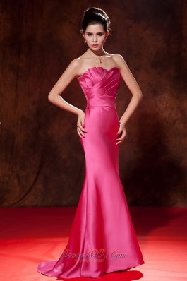 Mermaid Ruched Hot Pink Junior Prom Dress Satin Train