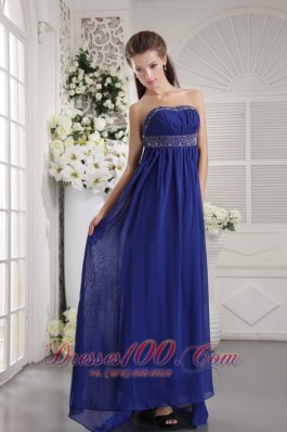 Blue Beading Prom Evening Dress Strapless Train