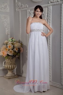 White Prom Graduation Dress Beaded Chiffon Train