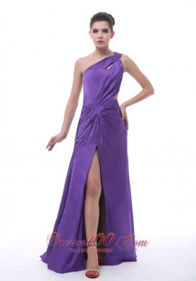 Ruched Shoulder High Slit Purple Prom Evening Dress