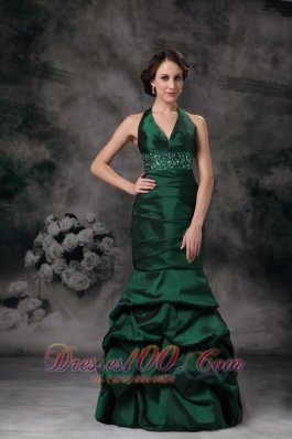 Dark Green Mermaid Halter Prom Evening Dress Beaded