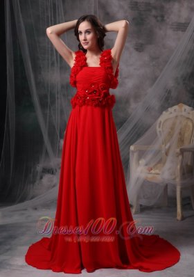 Hand Made Flowers Red Evening Dress Beaded Court Train