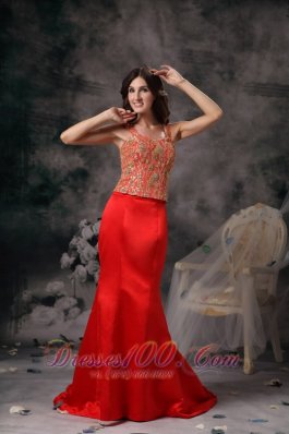 Red Mermaid Beaded Straps Prom Evening Dress Satin