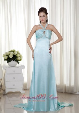 Light Blue Empire Halter Elastic Woven Satin Graduation Dress