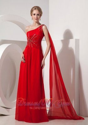 Red Evening Dress Empire One Shoulder Chiffon Beading