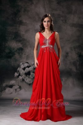 Red Evening Dress A-line V-neck Chiffon Beading Train