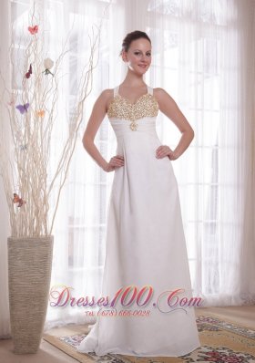 White Empire V-neck Chiffon Beading Prom Evening Dress