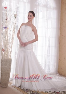 A-line Strapless Chapel Rhinestones Chiffon Prom Dress