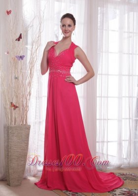 Red Empire Brush Sweep Beading Chiffon Prom Dress