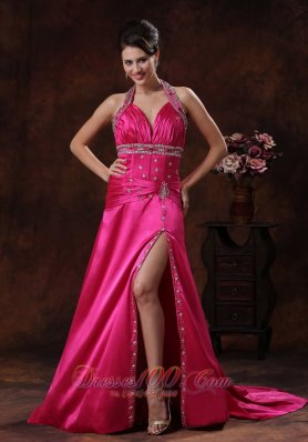Hot Pink Prom Cocktail Dress Halter Beaded Ruched