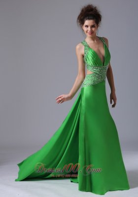 Spring Green Column V-neck Taffeta Prom Dress