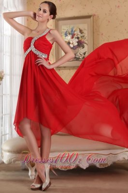 Red Empire One Shoulder Train Chiffon Beading Prom Dress