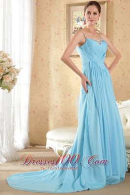 Aqua Column Sheath Brush Train Beading Prom Evening Dress