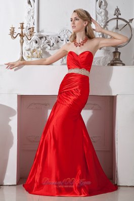 Red Mermaid Sweetheart Beading Prom Pageant Dress Taffeta