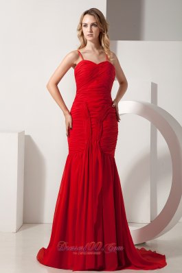 Fashion Red Mermaid Straps Chiffon Ruch Prom Dress