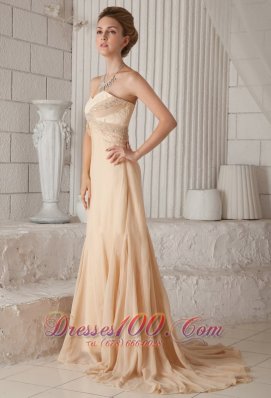 Champagne A-line Princess Chiffon Beading Prom Dress