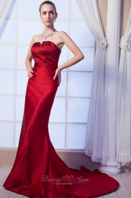 Wine Red Column Strapless Prom Dress Satin Beading