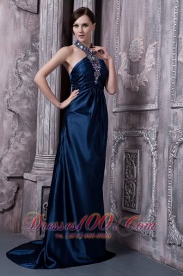 Navy Blue Prom Evening Dress Column Halter Elastic Woven
