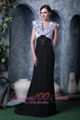White Black Column Evening Dress V-neck Chiffon Beading