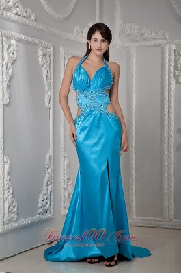 Teal Empire Halter Evening Dress Elastic Woven Satin