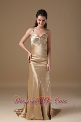 Champagne Column Straps Taffeta Beading Prom Dress