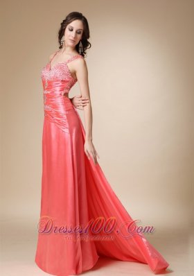 Watermelon Column Straps Brush Train Elastic Prom Evening Dress