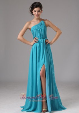 Strapless Chiffon Slit Aqua Blue Brush Prom Dress