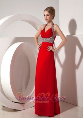 Beautiful Wine Red Column Halter top Prom Evening Dress Beading