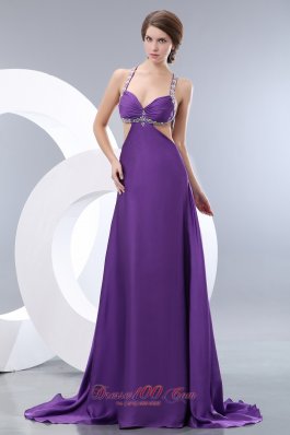 Purple Elastic Beading Halter Brush Train Evening Dress