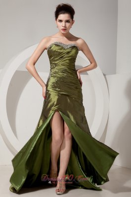Olive Green Column Beading Brush Train Prom Dress