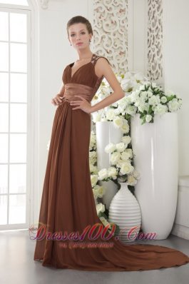 V Neck Beading Waistband Brush Train Prom / Evening Dress