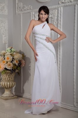 White One Shoulder Beading Brush Train Prom Dress Evening