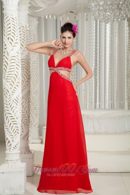 Straps Beading Red Chiffon Evening Dress