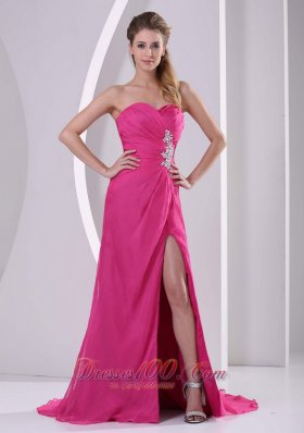 High Slit Chiffon Prom Celebrity Dress Hot Pink
