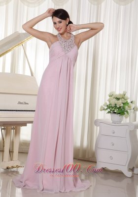 Applique Halter Baby Pink Chiffon Brush Prom Dress