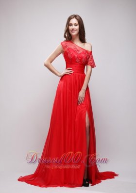 Asymmetrical Brush Cap Sleeves High Slit Red Evening Gown