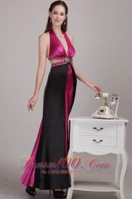 Two-toned V-neck Halter Beaded Prom Dress